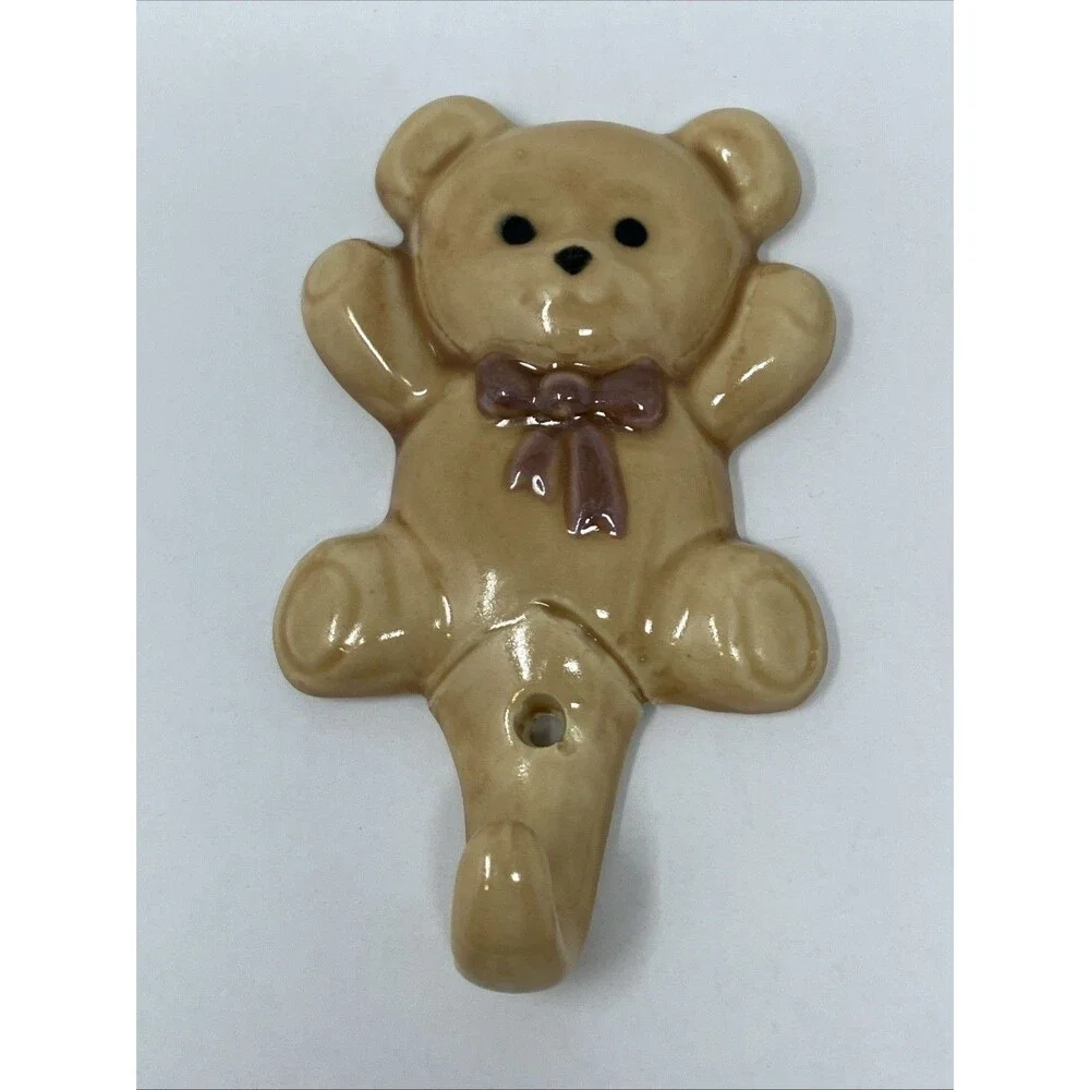 2 VTG Ceramic Teddy Bear Pink Bow Wall Hook Hangers Set Baby Girl Nursery Beige